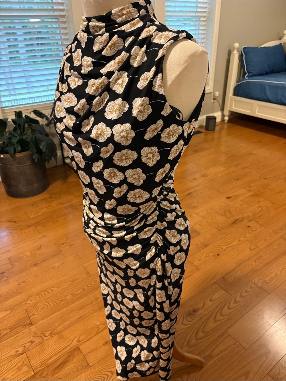 Talbots Black Midi Dress with White and Gold Floral Print - Picture 2 of 8